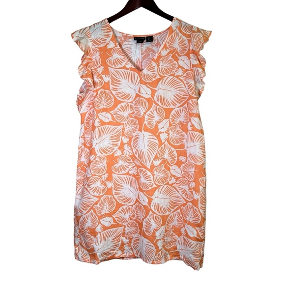 TAHARI 100% Linen Orange Tropical Leaf Dress Size Large Coastal Flutter Sleeve - Picture 9 of 11